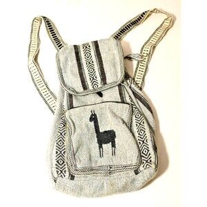 Peruvian Woven Backpack Native Inca Llama Light Gray Drawstring boho